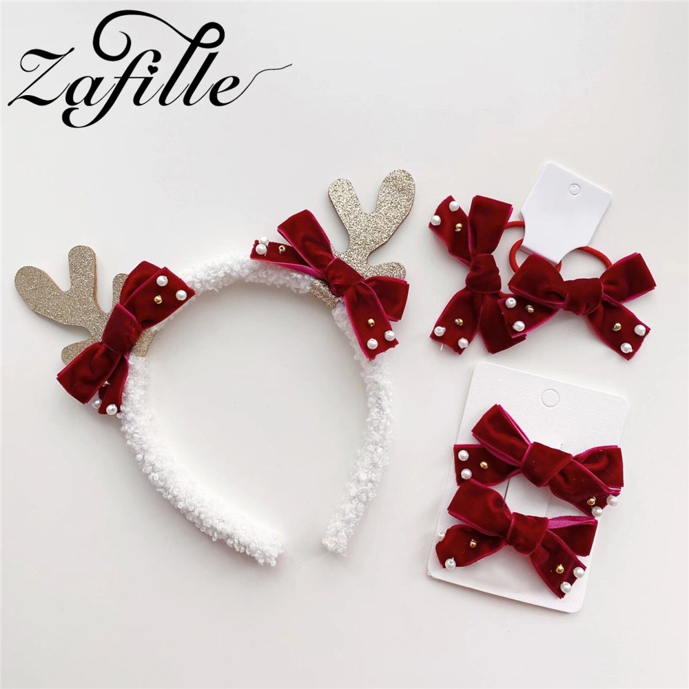 ZAFILLE Christmas Girls Hair Accessories Velvet Beaded Bow Children's Headdress Party Baby Antlers Headband Girls Sweet Hai