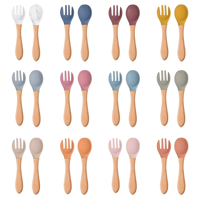 Baby Silicone Spoon Fork Wood Handle Solid Food Grade Toddler Utensil Tableware