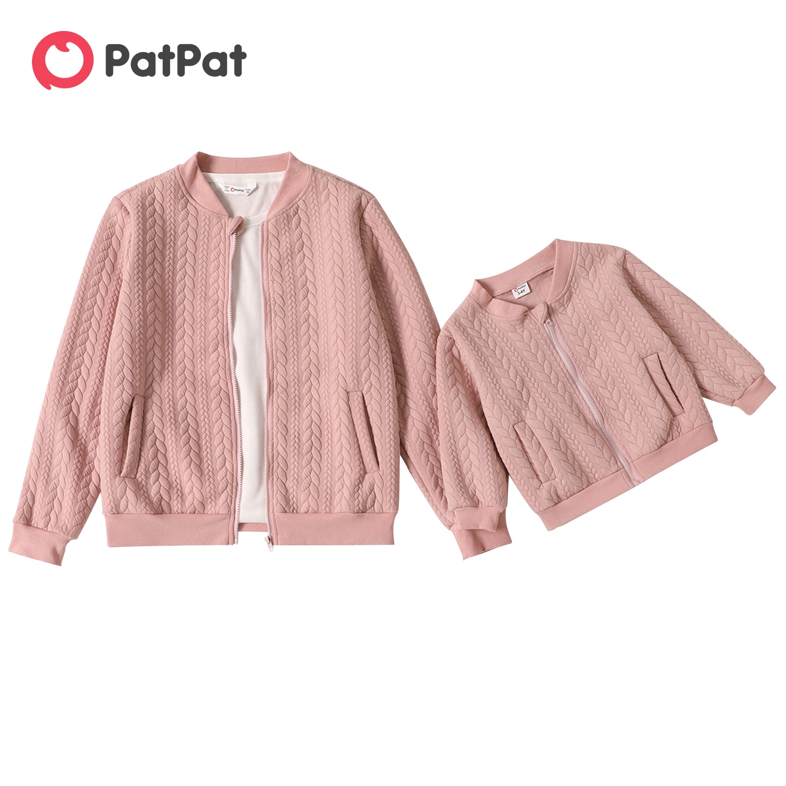 PatPat Pink Thickened Textured Long-sleeve Zip Jackets for Mom and Me