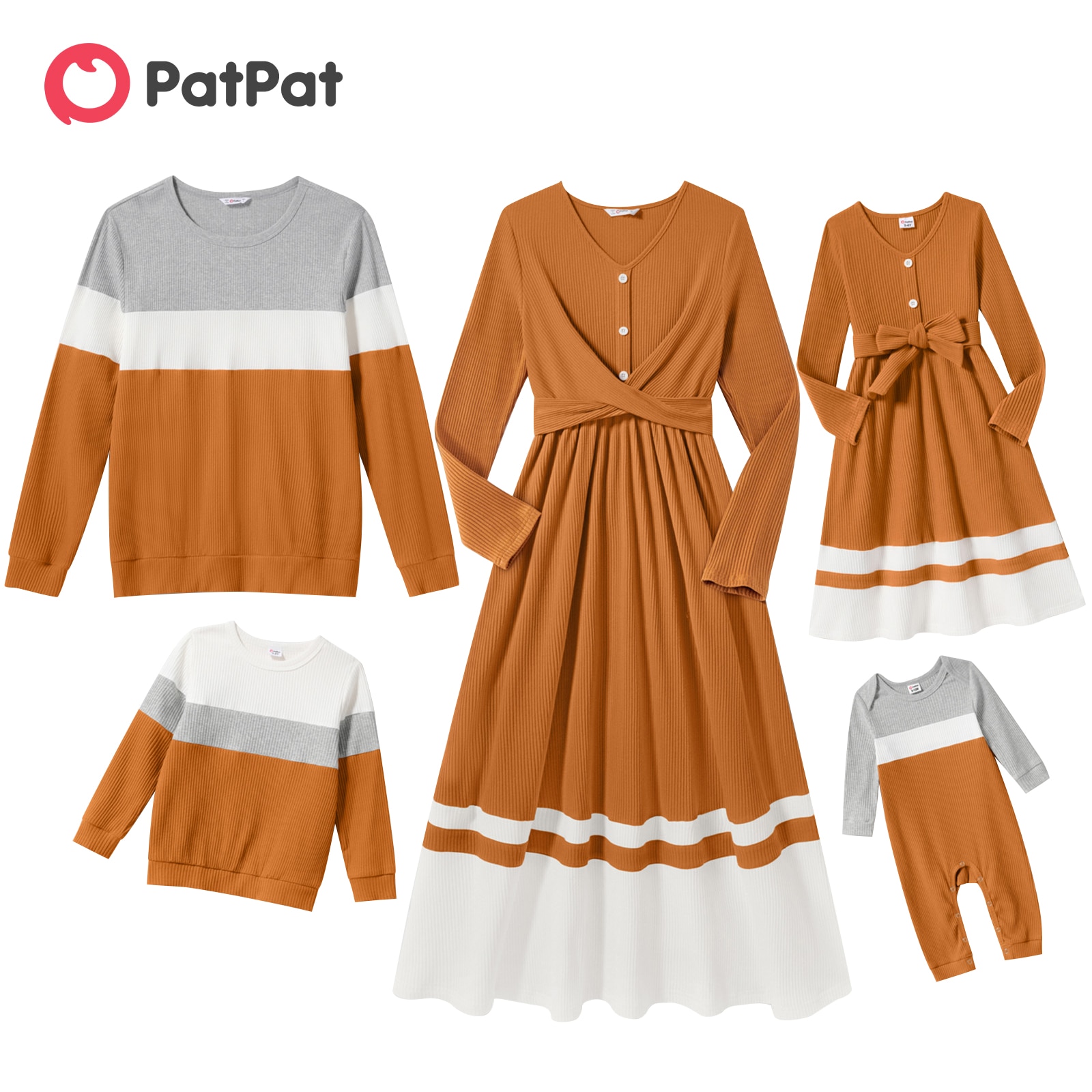 PatPat Family Matching Long-sleeve V Neck Button Front Colorblock Rib Knit Midi Dresses and Tops Sets