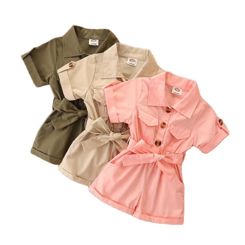 2022 Summer New Solid Color Short Sleeve Pocket Lapel Girls Jumpsuit Single-breasted Waist Fashion Overalls 2-6T