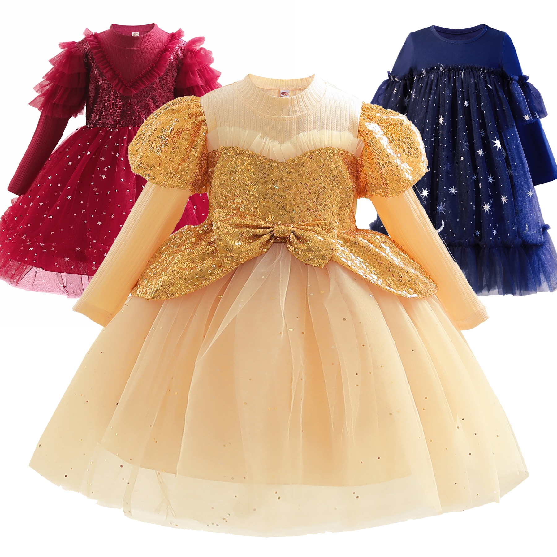 2-10 Years Girls Kids Long Sleeve Princess Party Dresses Children Dress For Christmas Party Performance Ceremony Pageant Gowns
