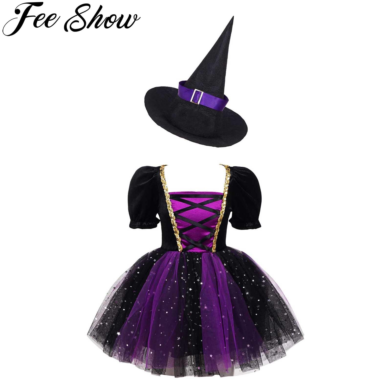 Halloween Kids Girls Witch Costume Cosplay Dress Glittery Mesh Tutu Dress with Witch Hats Carnival Fancy Party Dress Up Clothes