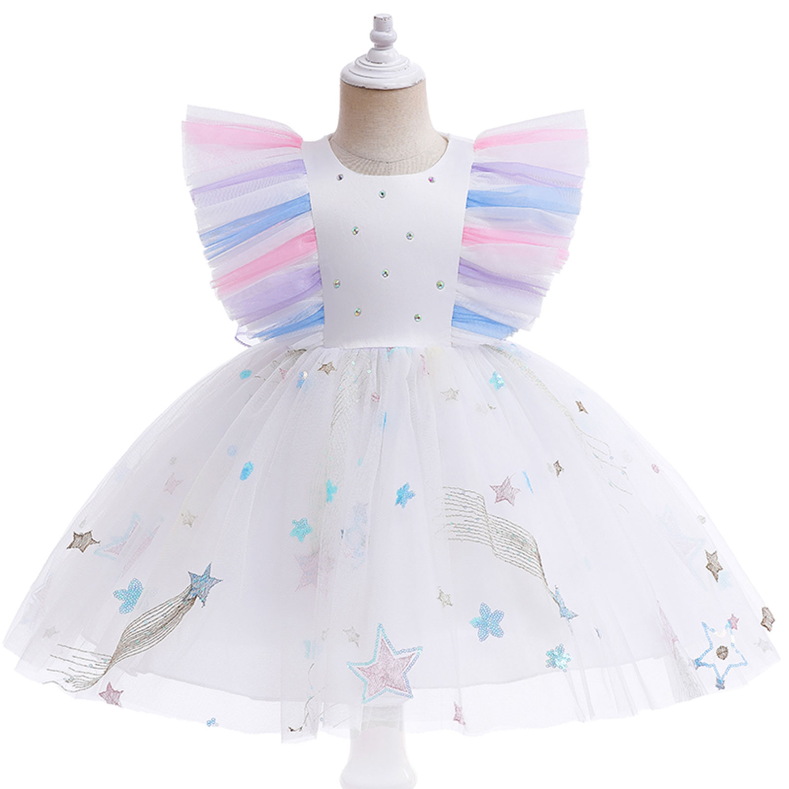 Christmas Bow Dresses Stain Shiny Stars Embroidered Tulle Dress Children Dress Elegant Princess Costume Wedding Prom Vestidos