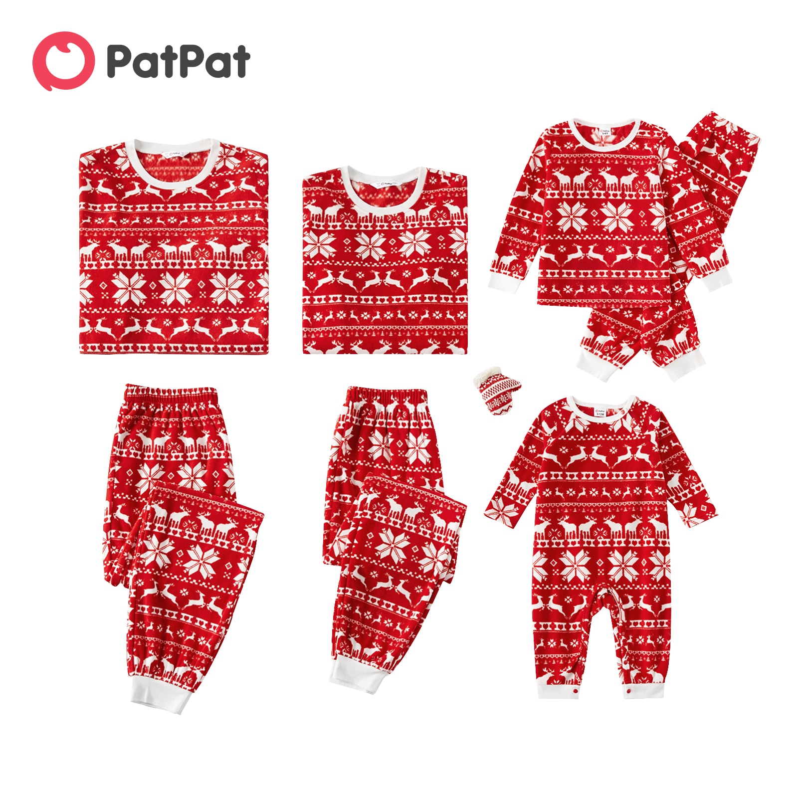 PatPat Christmas Family Matching Long-sleeve Allover Deer & Snowflake Print Red Fleece Pajamas Sets (Flame Resistant)