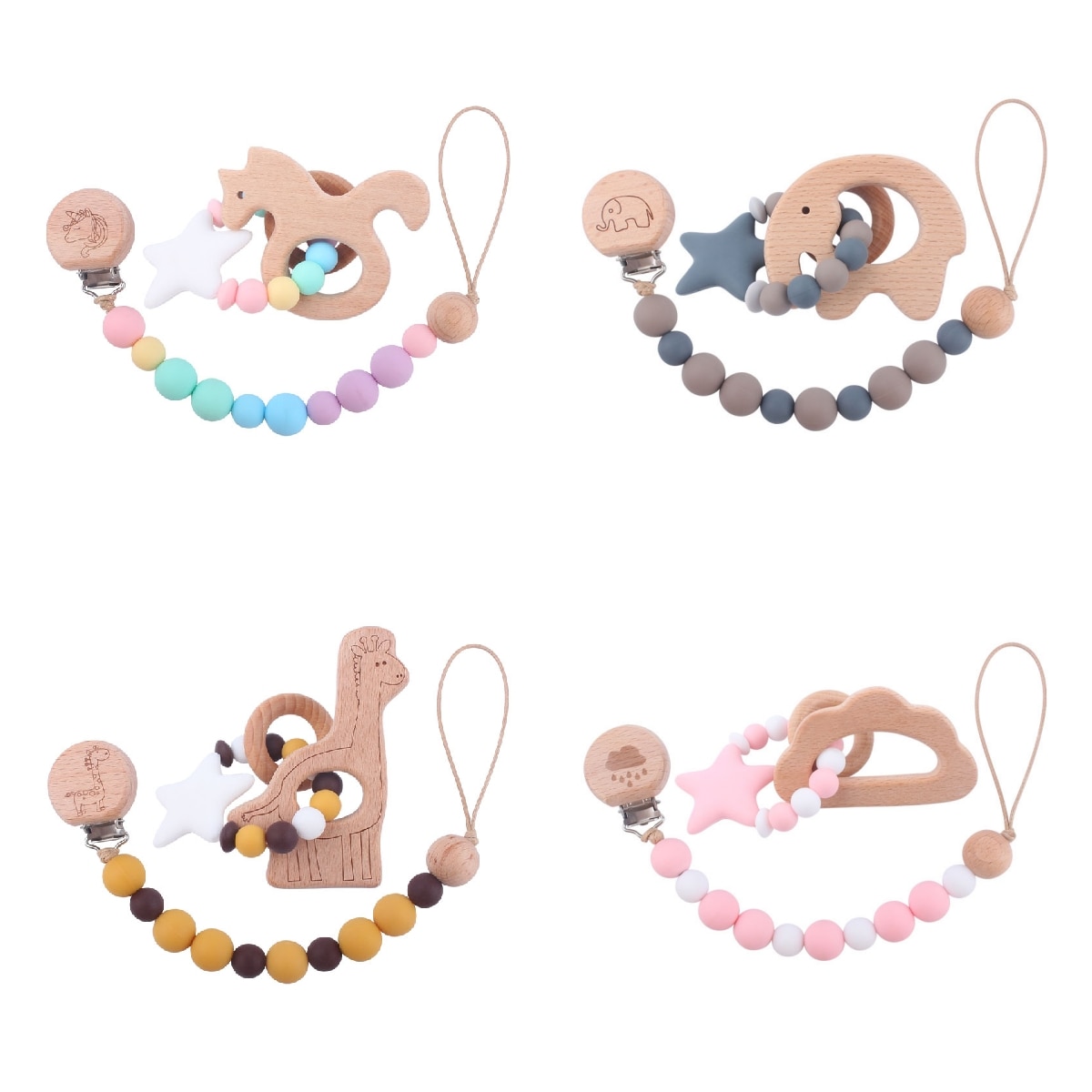 Infant Cartoon Animal Beech Wood Pacifier Clips Baby Teether Silicone Bead Bracelet Nipple Holder Anti-drop Dummy Clip Chain Set