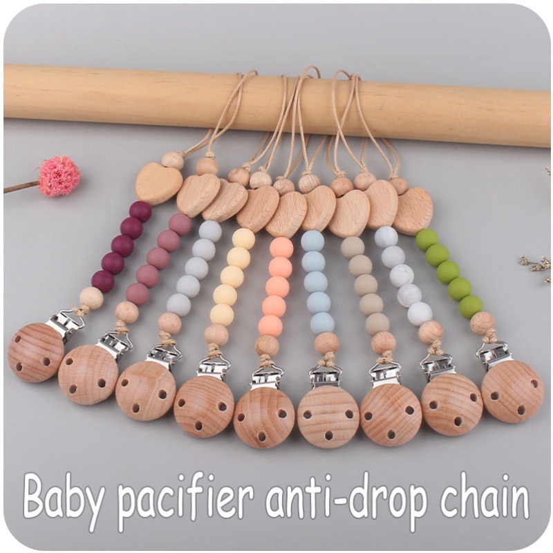 Love Heart Beech Silicone Beads Baby Pacifier Clip Nipple Holder Anti-drop Chain Soother Dummy Clips Infant Chew Teething Toys