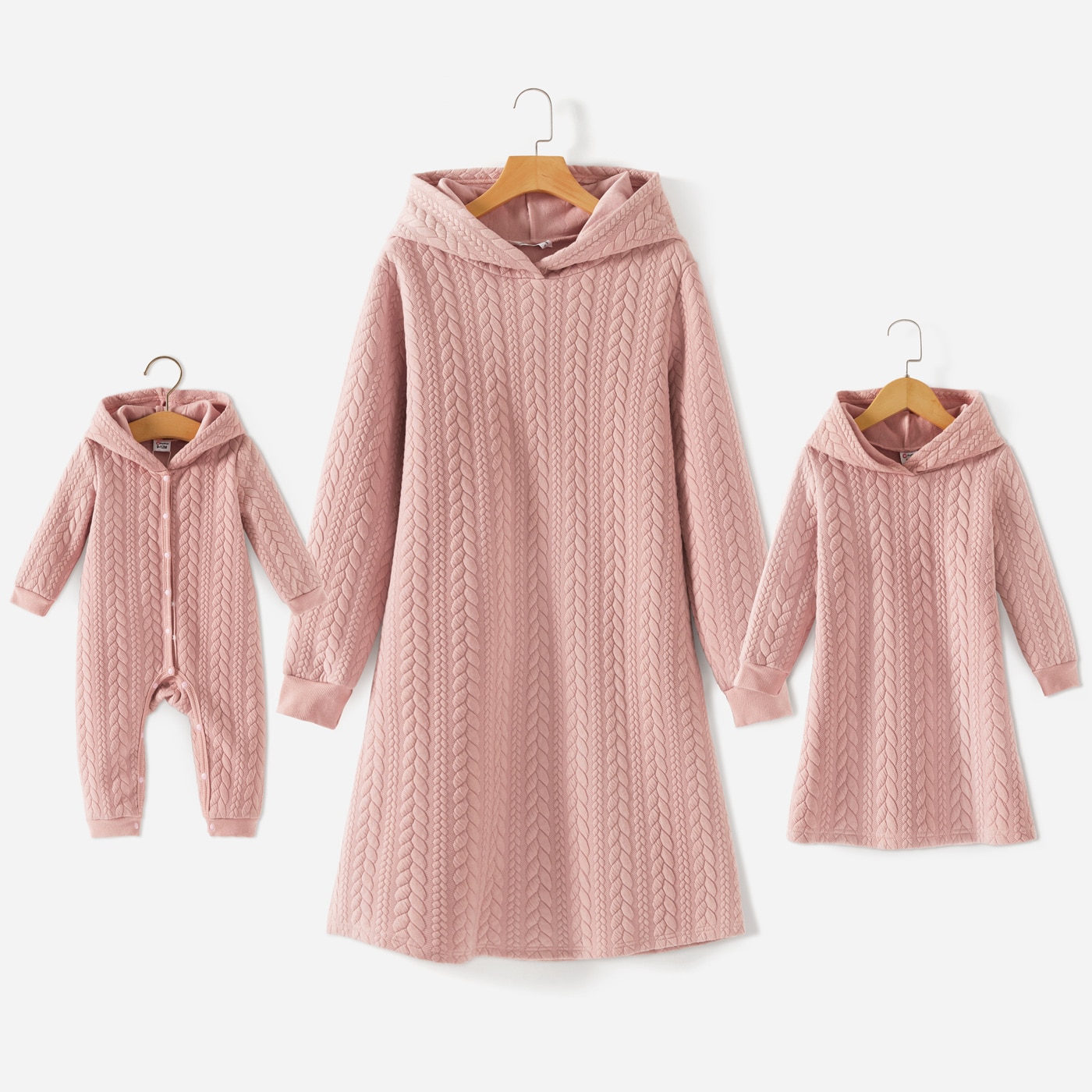PatPat Pink Cable Knit Long-sleeve Hoodie Dress for Mom and Me