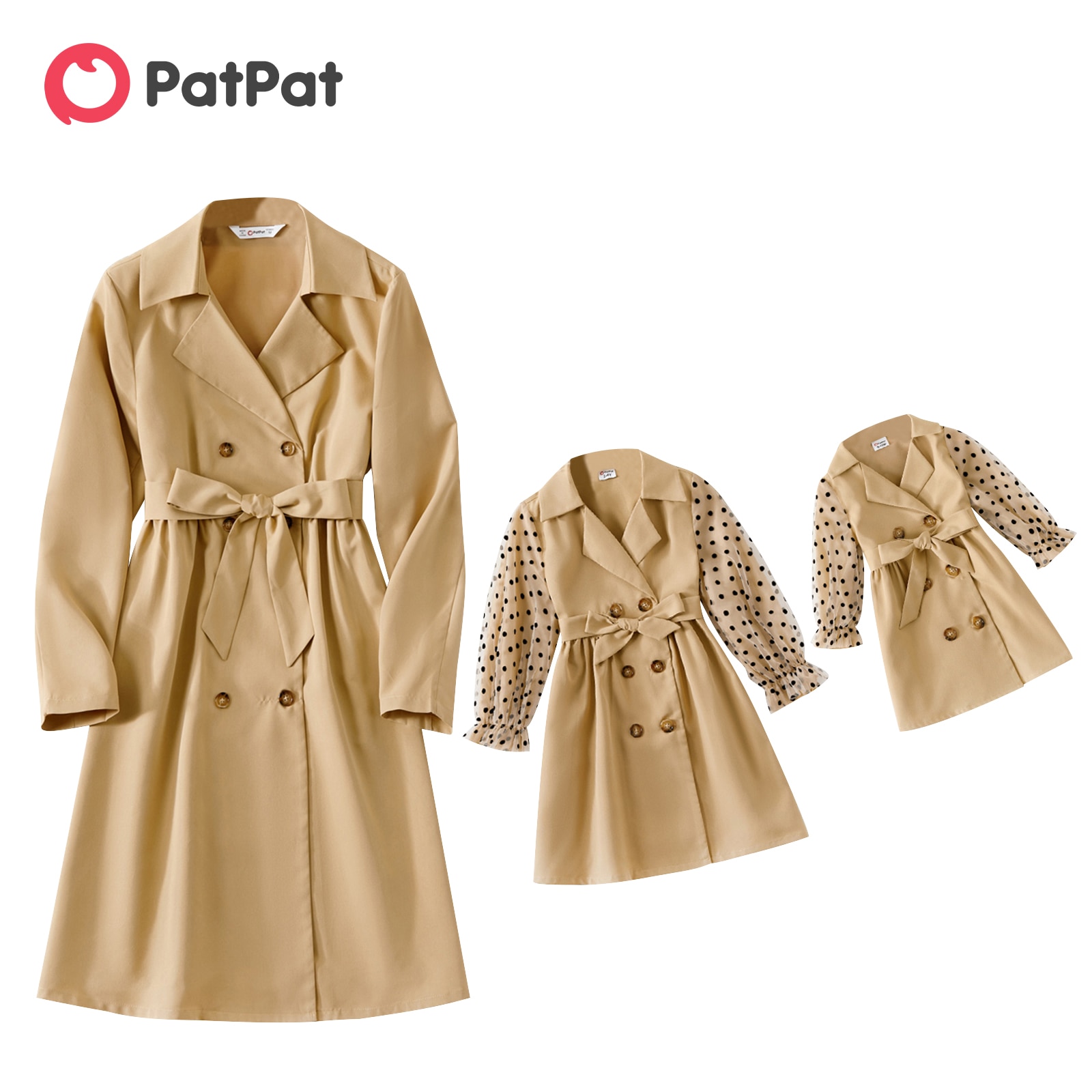 PatPat Khaki Lapel Neck Double Breasted Belted Long-sleeve Trench Coat Dress for Mom and Me
