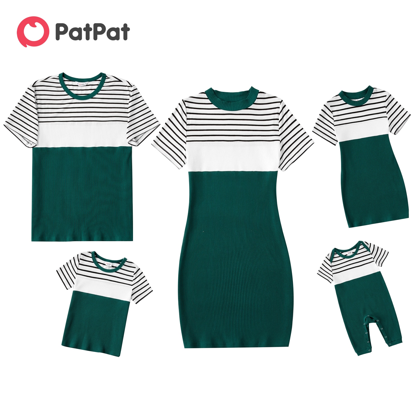 PatPat Family Matching Striped Colorblock Spliced Rib Knit Short-sleeve Bodycon Dresses and Tops Sets