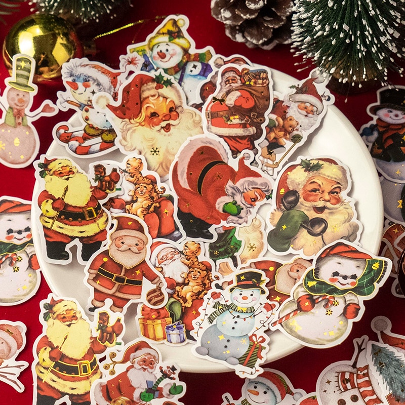 Journamm 30pcs/pack Christmas Series Bronzing Craft Sticker DIY Scrapbooking Kawaii Stationery Decor Children Gift Cute Stickers