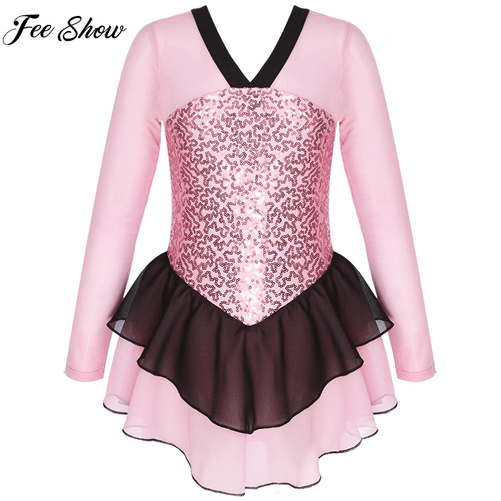 4-14Y Kid Girls Figure Ice Skating Dress Ballet Gymnastics Lyrical Dance Leotard Tutu Long Sleeve Shiny Sequin Chiffon Dancewear