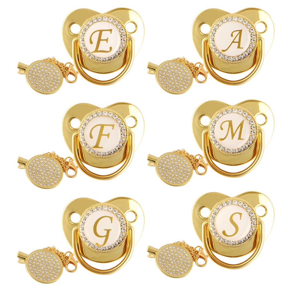 26 Name Initial Letter Baby Pacifier Baby Pacifier Clips BPA Free Silicone Infant Nipple Gold Bling Newborn Dummy Soother Gifts