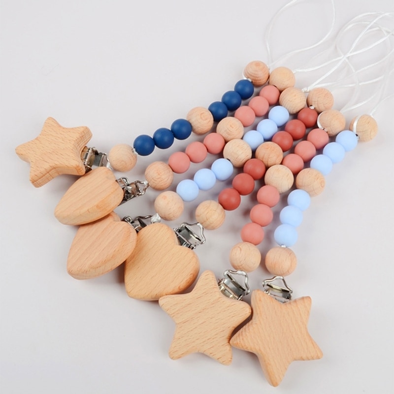 Baby Pacifier Clip Dummy Holder Anti-drop Chain Silicone Bead Wooden Hanging Clips Infant Nipples Clip Soother Chains