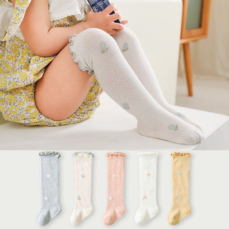 2022 New Summer Baby Girl Socks Cute Soft Cotton Elastic Solid Color Mesh Newborn Socks Knee High Long Girl Socks
