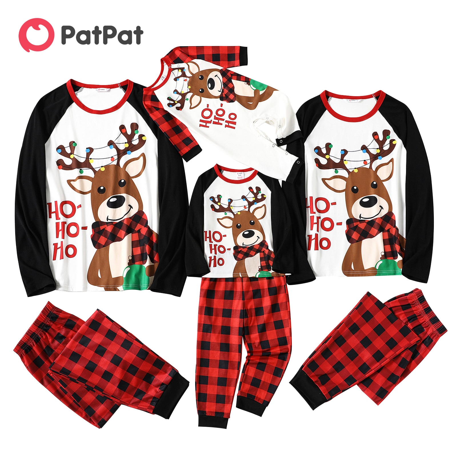 PatPat Christmas Family Matching Reindeer & Letter Print Raglan-sleeve Red Plaid Pajamas Sets (Flame Resistant)