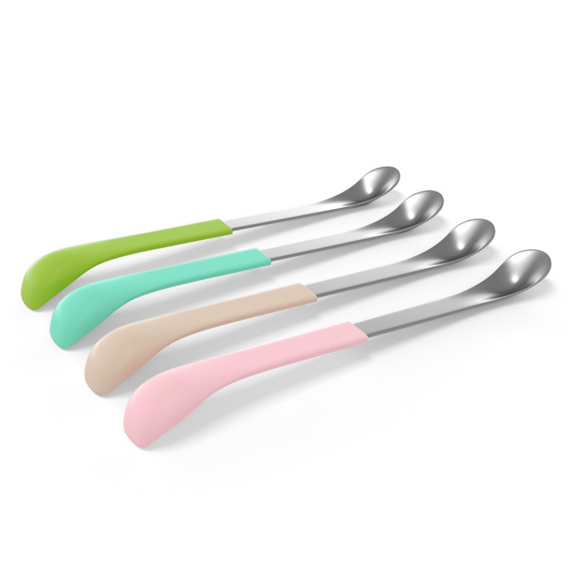 2 in 1 Baby Feeding Spoon Soft Silicone Safe Stainless Steel Two Head Infant Nursing Feeding Spoons for Scraping Fruits