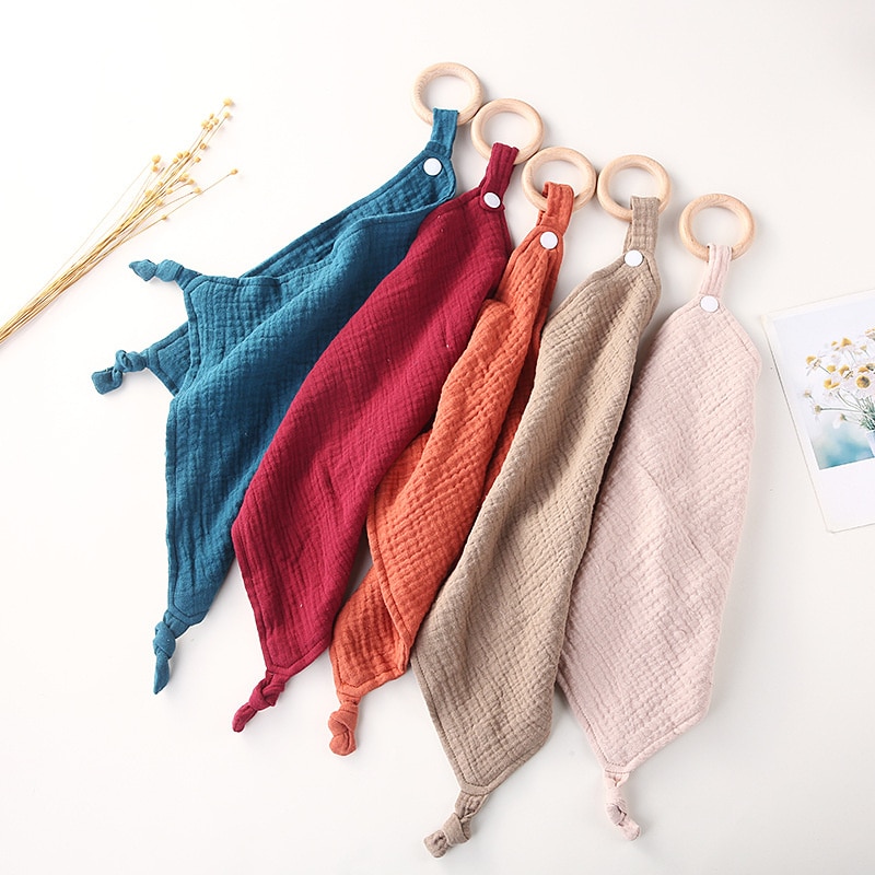 Soft Muslin Cotton Newborn Baby Comforter Square Towel Soothe Appease Towel Burp Cloth with Wood Teether Ring Snap Button
