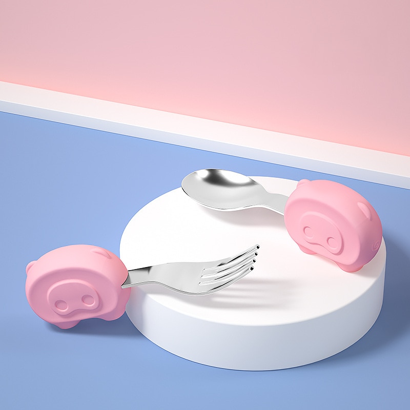 Baby Short Handle Fork Spoon Set Baby Stainless Steel Fork Spoon Cartoon Training Learning To Eat Tableware with Storage Box