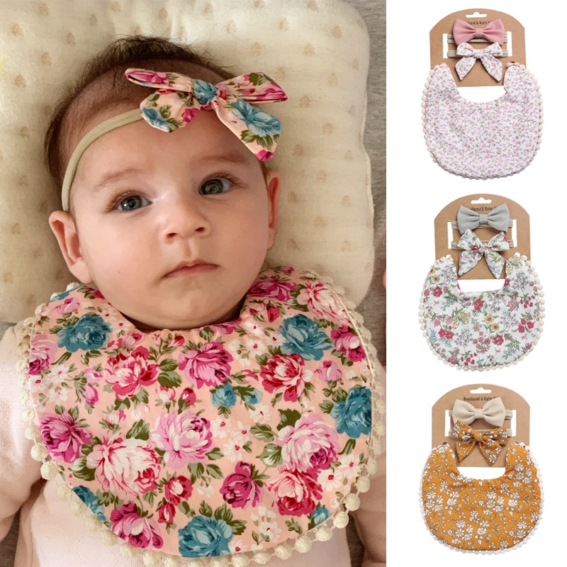 3Pcs Baby Headband Tassel Saliva Towel Floral Print Newborn Double Side Bibs Boys Girls Bandana Burp Cloths Feeding Smock Stuff