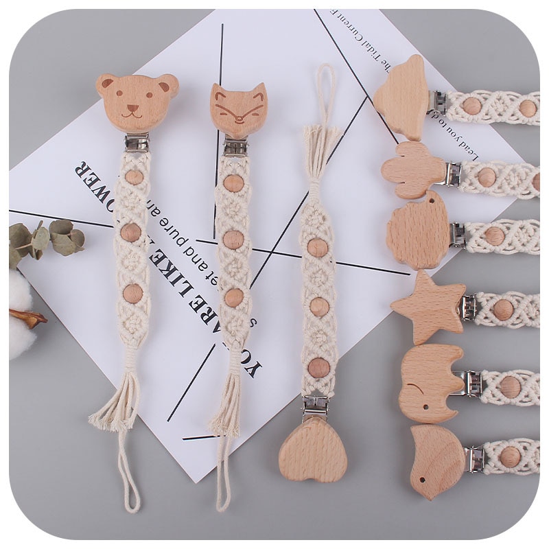 Crochet Baby Pacifier Clip chain Handmade Woven Cotton Rope Beech Wood DIY Dummy Nipple Holder Newborn Teethers Teething Toys