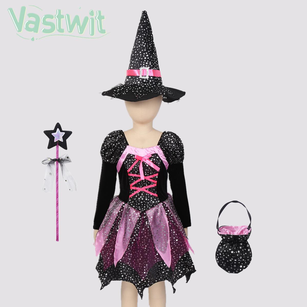 Children Girls Halloween Witch Cosplay Costume Dresses with Pointed Hat Wand Candy Bag Theme Party Carnival Sorceress Clothing
