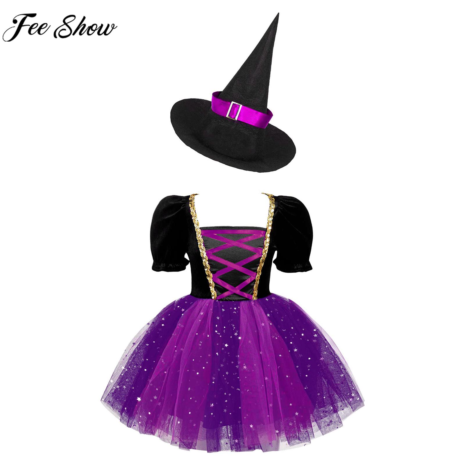 4-14Y Girls Witch Cosplay Costume Short Sleeve Shiny Mesh Tutu Dress with Pointed Hat Halloween Party Sorceress Roleplay Outfits