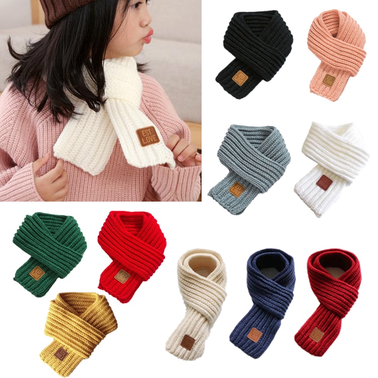 2022 Winter Children Colors Soft Knitting Wool Thermal Scarf Boys Girls Lovely Outdoor Warmer Scarf Kids Solid Labelled Scarf