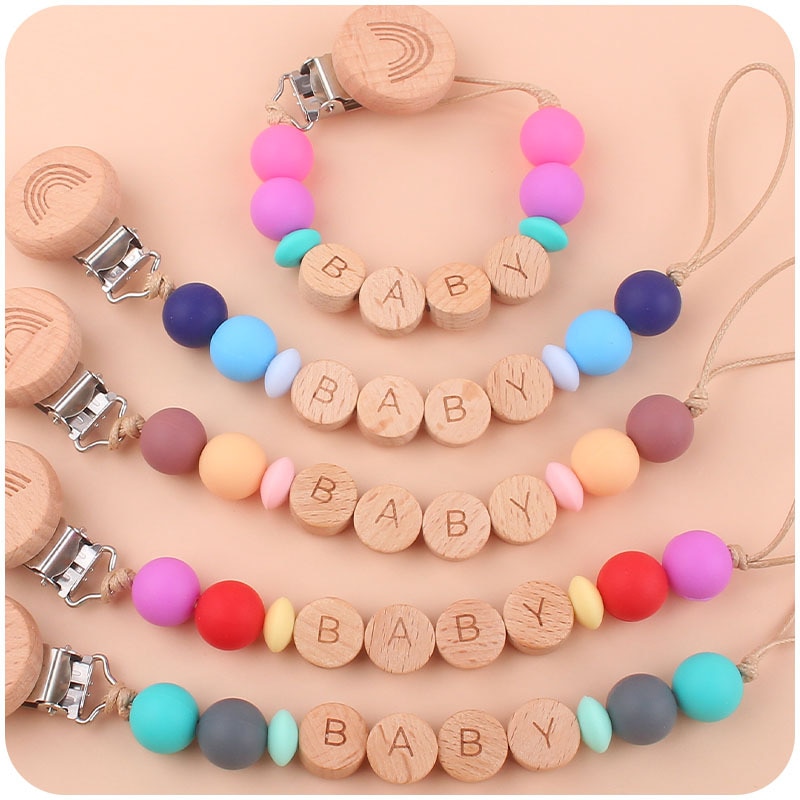 Baby Pacifier Clip Chain Personalized Name Color Silicone Beads Dummy Nipple Holder Teethers Soother Newborn Teething Toys Chew