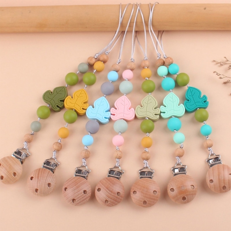 Beech Wooden Bead Leaf Pacifier Clip Soother Holder Baby Bibs Clip Toddler Dummy Chain Nipple Clips Newborns Shower Gift