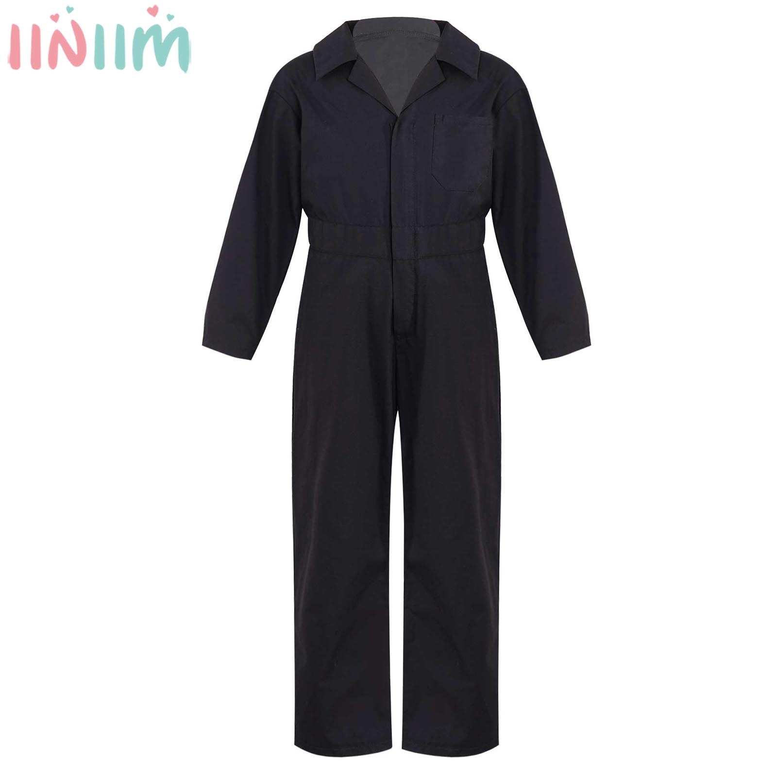 Kids Boys Fashion Casual Overalls Jumpsuit Long Sleeve Turndown Collar Zipper Solid Preppy Style Playsuit Streetwear Dancewear