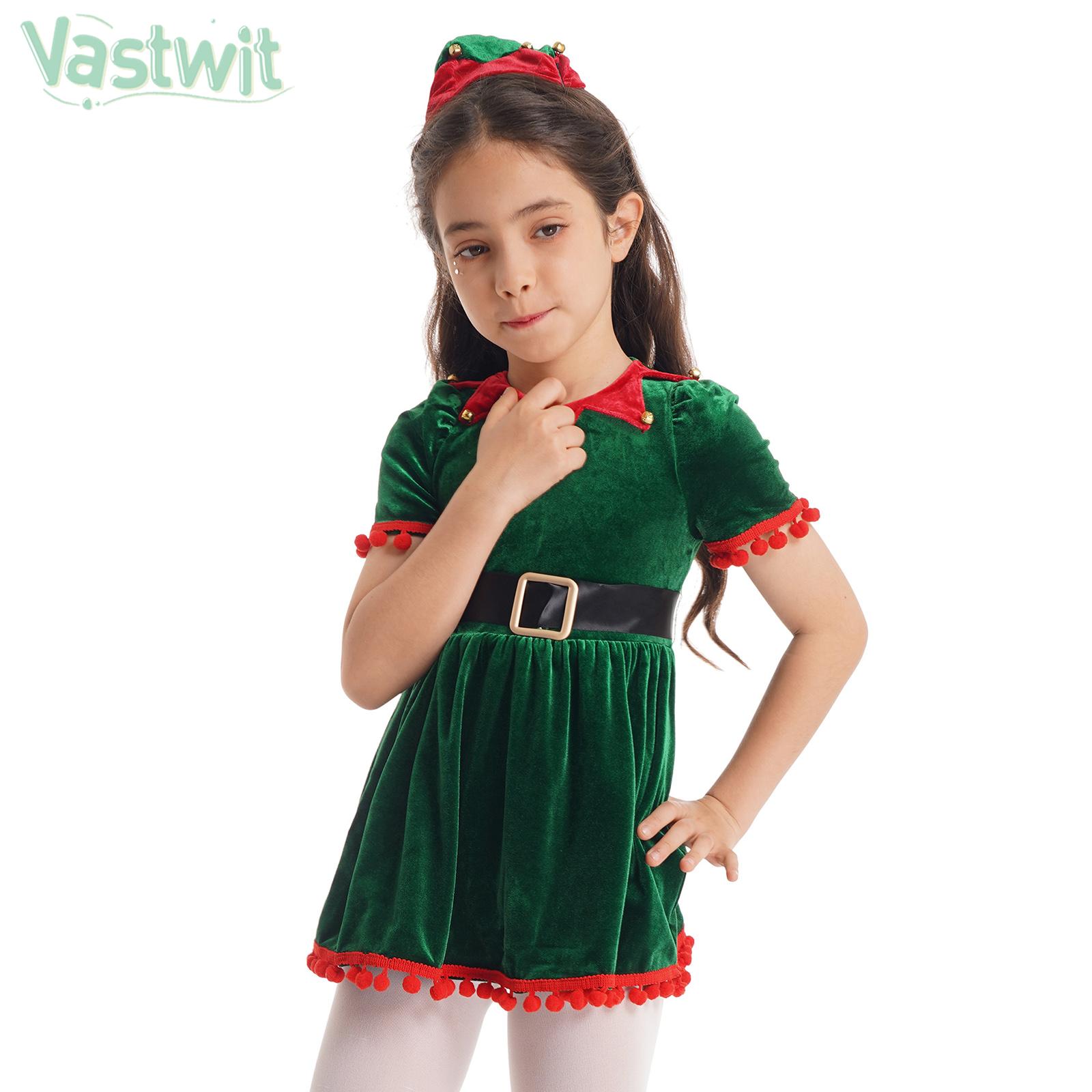 Children Girls Christmas New Year Party Dresses Xmas Santa Claus Cosplay Costume Tassel Tutu Princess Tutu Dress with Hat Belt
