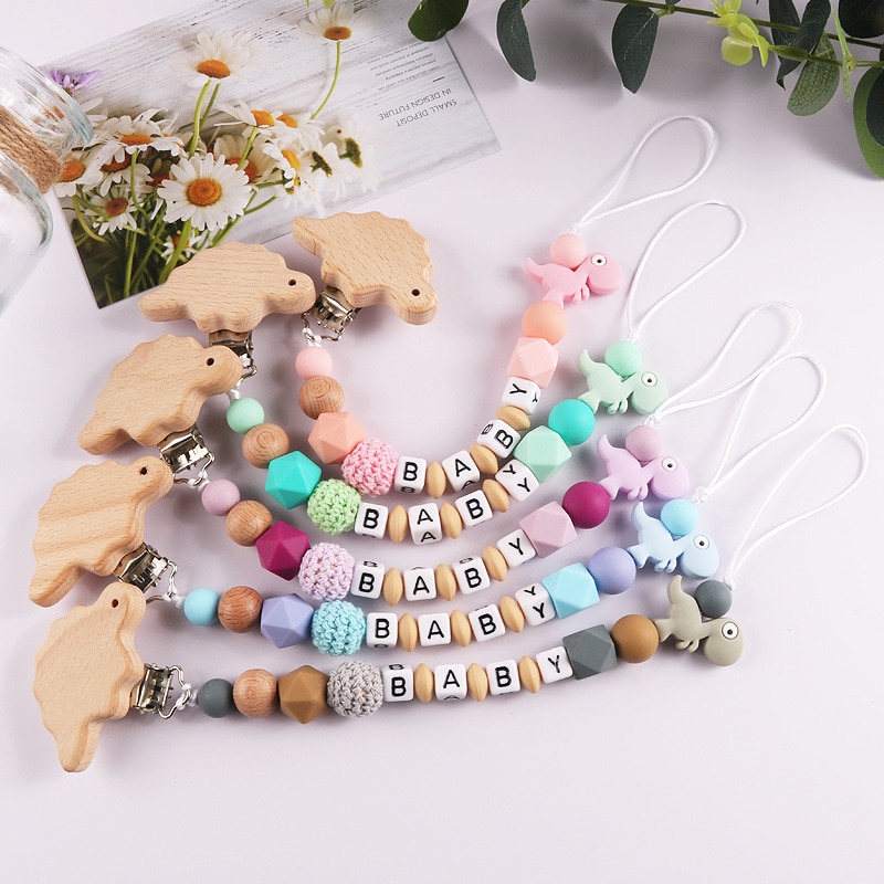 New Beech Clips Personalized Baby Pacifiers Food Grade Animal Silicone Custom Pacifier Clips Anti-drop Chain With Name