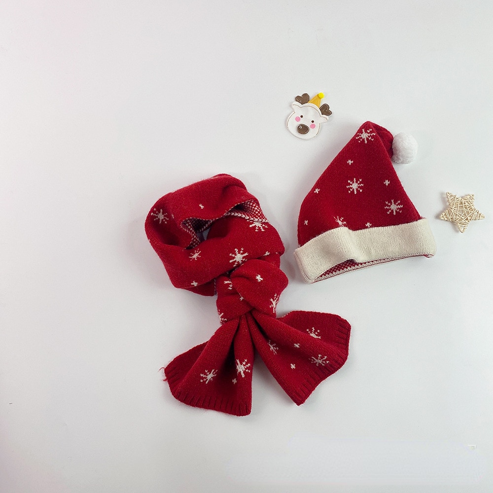 RiniKinda Christmas Children's Hat and Scarf Two-piece Fur Ball Santa Snowflake Autumn Winter Boys Girls Baby Warm Knitted 