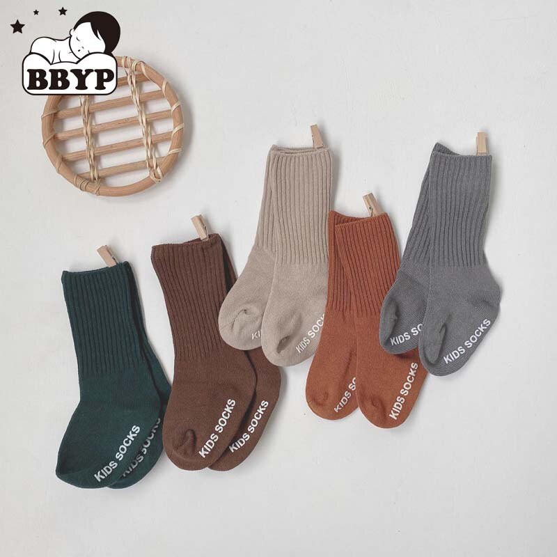 5Pairs Baby Solid White Letter Floor Socks Toddlers Kids Newborn Infant Soft Cotton Non-slip Vertical Stripe Stocking 0-5Y