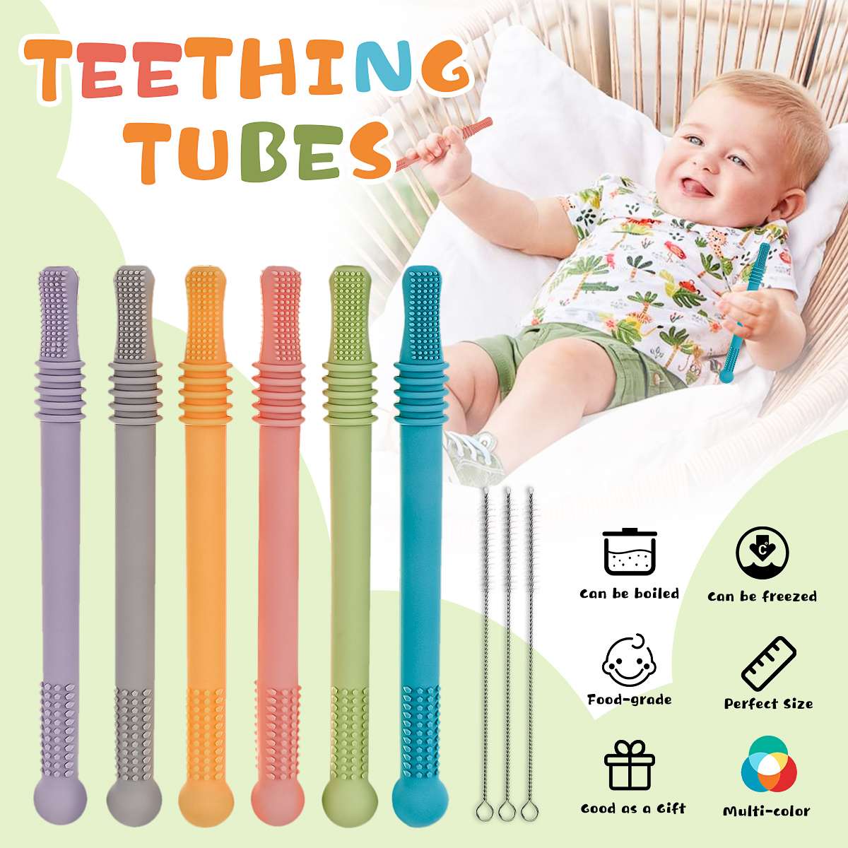 6pcs Infant Teething Relief for Teething Baby in 6 Vibrant Colors, Super Soft Silicone Teethers for Babies Hollow Teething Tubes