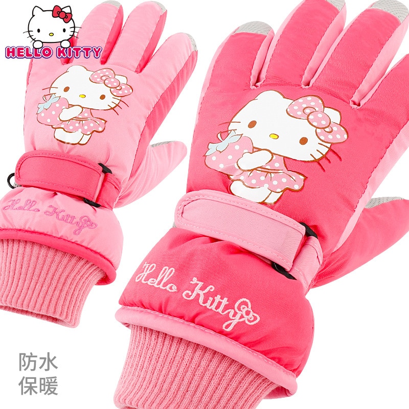 Hello Kitty Girls Pink Gloves Sanrio Cute Girl Baby Kuromi Plush Winter Gloves Water Proof Printing Keep Warm Five-fingered Hand