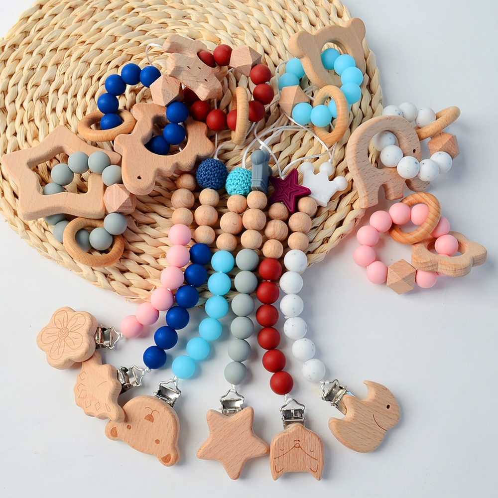 2pcs Baby Pacifier Clips Chain Teethers Bracelet Gum Ring Silicone Bead Wood Cartoon Dinosaur Bear Dummy Nipple Holder Gift Set