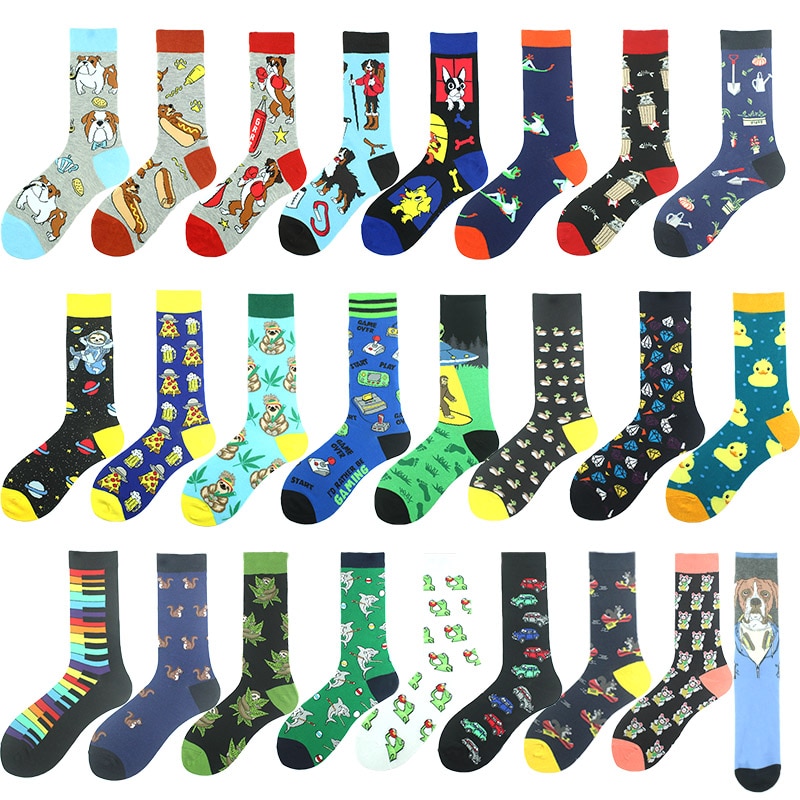 Cool Hip Hop Crew Socks Men Funny Squirrel Shark Dinosaur Dog Frog Alien Duck Colorful Piano Game Sokken Divertidos Chaussette