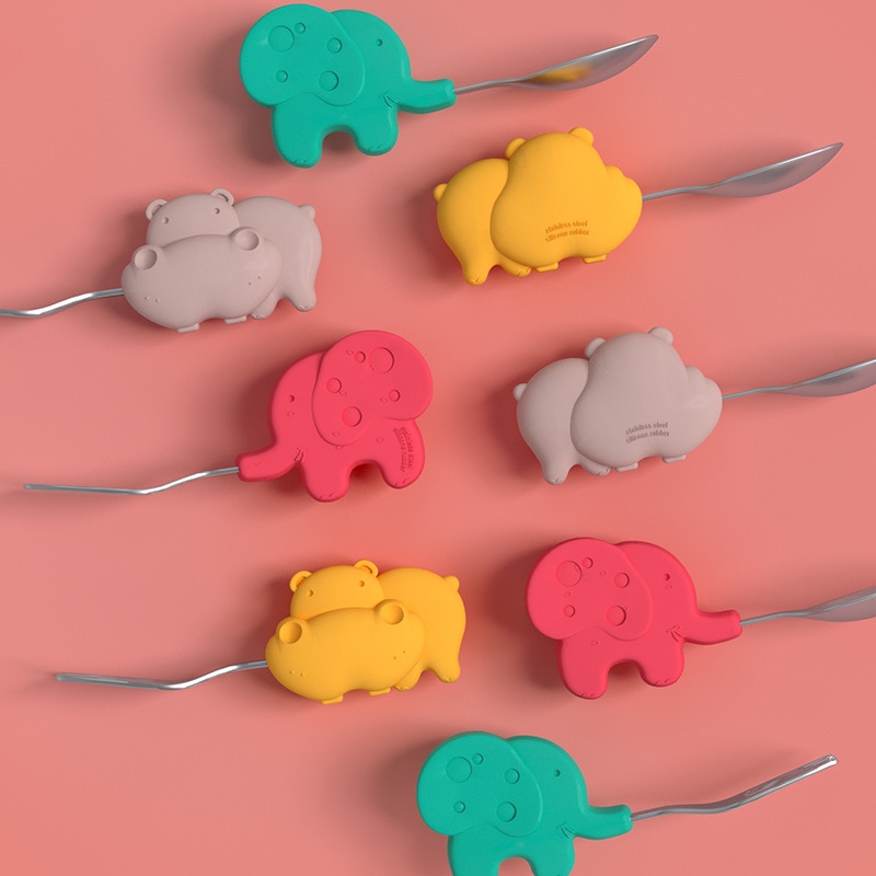 Baby Training Short Handle Fork Spoon Cartoon Infant Food Feeding Spoon Fork Baby Gadgets Learn To Eat Silicone Tableware Set