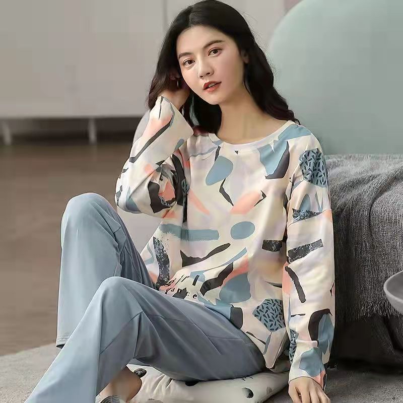 Pure Cotton Pajamas Women's Spring and Autumn Models Long-sleeved Home Service Women's Simple Loose Casual Suit Large 