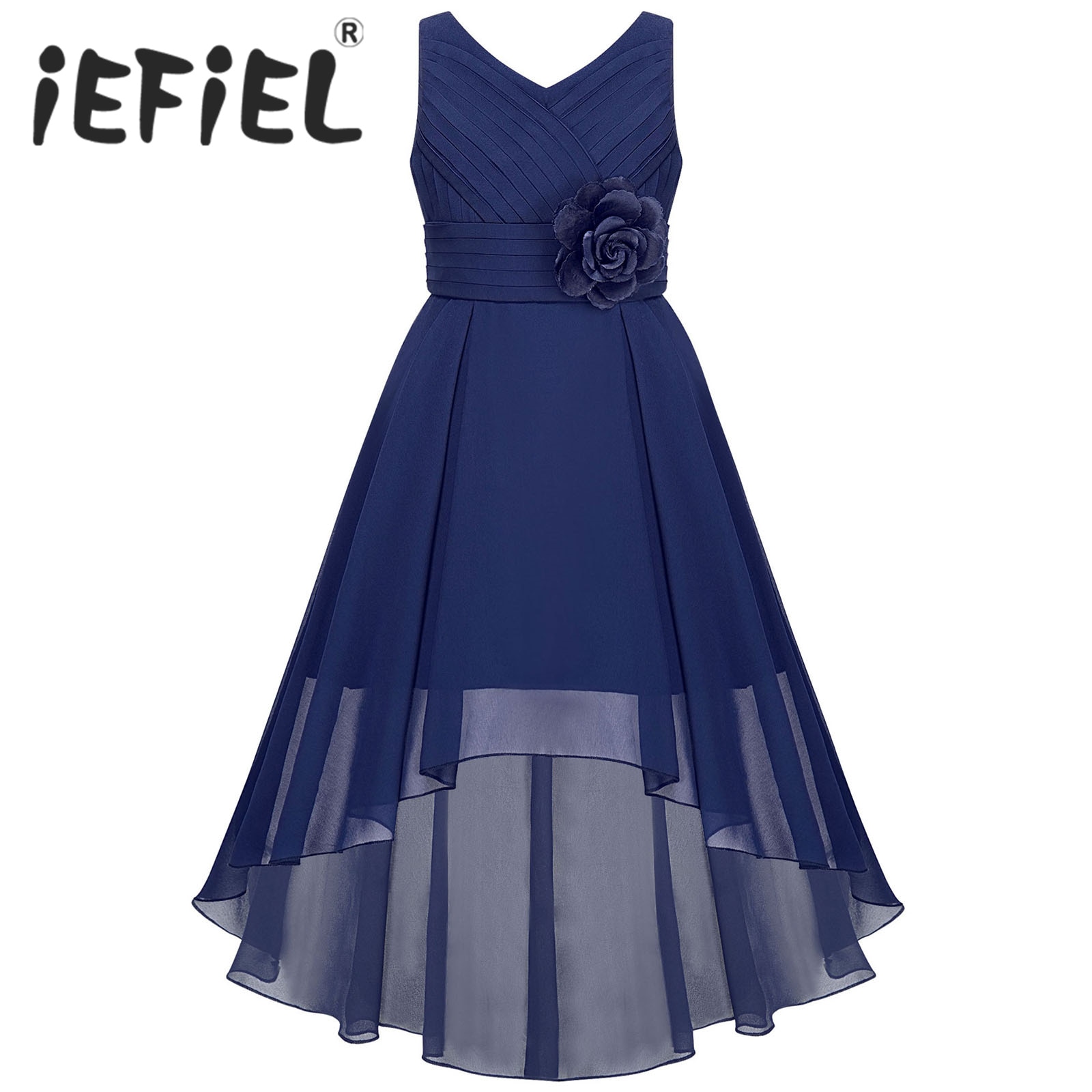 Kids Flower Girls Dress Elegant Chiffon Birthday Party Dress Sleeveless High-low Hem First Communion Dress for Evening Cocktail