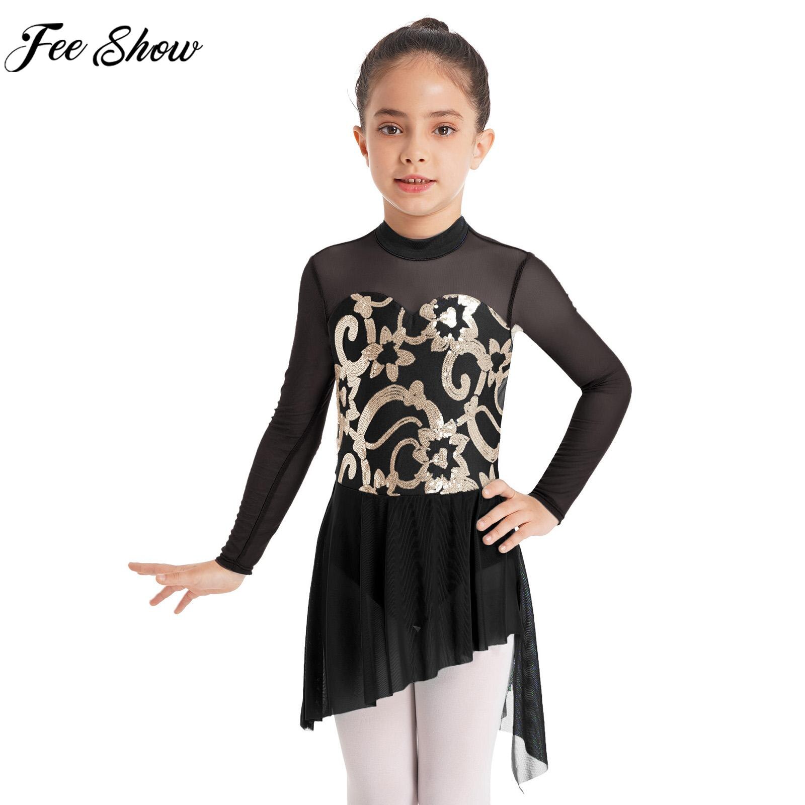Child Girls Long Sleeve Sequin Ballet Figure Skating Dress Lyrical Dance Rhythmic Gymnastics Performance Leotard Tutu Dancewear