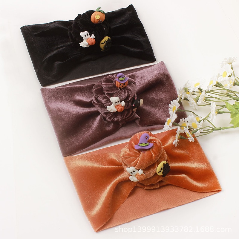 Halloween Headwear Baby Headband Soft Velvet Baby Girl Hair Accessories Wide Turban Elastic Handmade Knotted Infant Headwrap