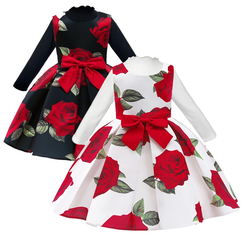 Autumn New Elegant Rose Print Princess Ball Gown Red Christmas Flower Girls Long Sleeve And Tank Top Dress Two Piece Set 5 Y