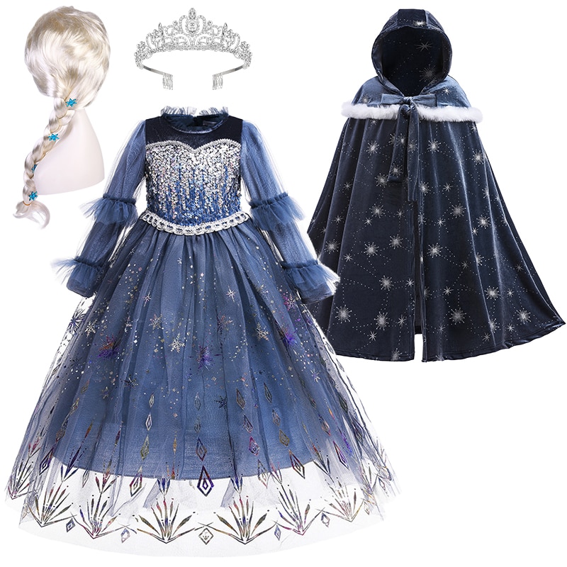 Christmas 2022 Autumn Winter Gradient Sequins Velvet Snow Queen Elsa Princess Dress for Girls Halloween Carnival Party Ball Gown
