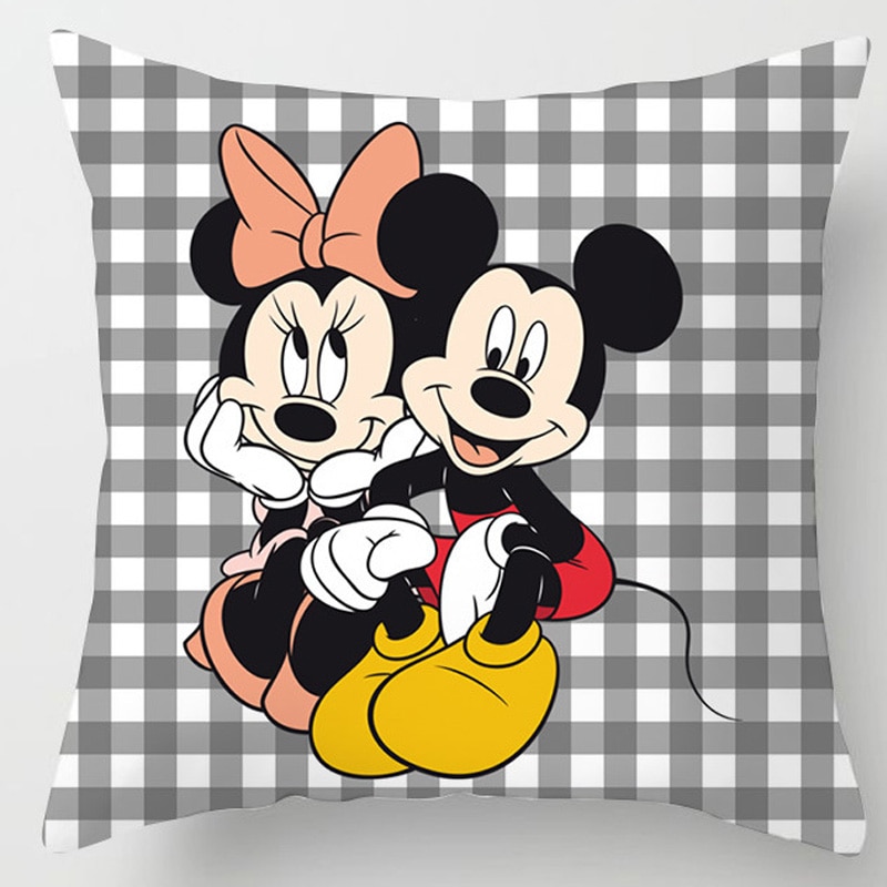 Disney Cartoon Cushion Cover Black And White Plaid Mickey Mouse Car Cushion Sequin Pillow Case Cover Boy Girl 45x45cm