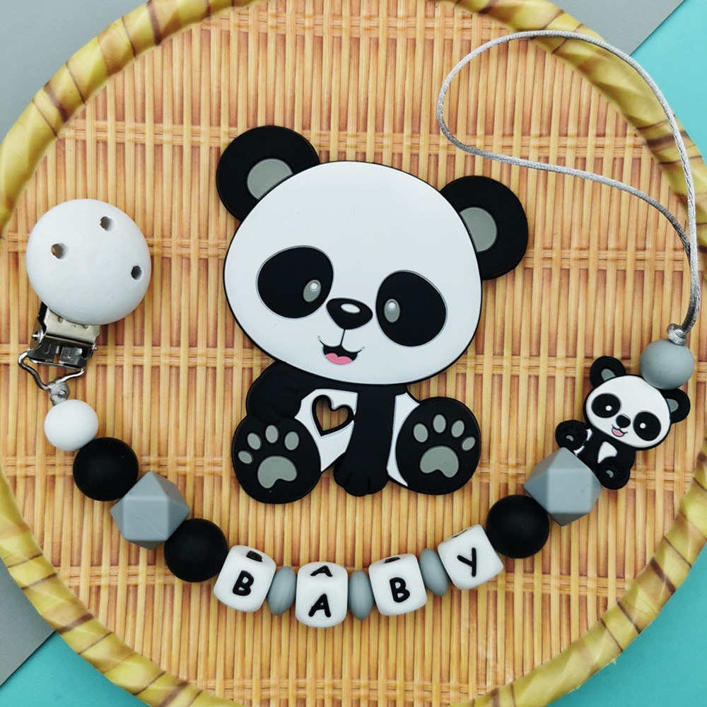 Custom English Russian Letters Name Baby Silicone Panda Pacifier Clips Chains Teether Pendants Baby Teething Kawaii Toys Gifts