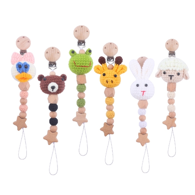 New Handmade Woolen Crochet Animal Chewing Beads Teether For Baby Cute Anti-drop Sooth Pacifier Chain Nipple Holder Dummy Clips