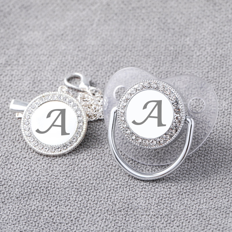 Baby pacifier transparent silver 26 letters with drill pacifier with dust cover baby feeding supplies silicone pacifier